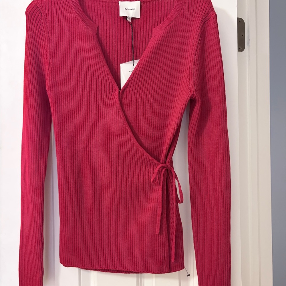 Reformation Caroline Regenerative Merino Wrap Sweater Red - Size M NWT - Picture 5 of 7